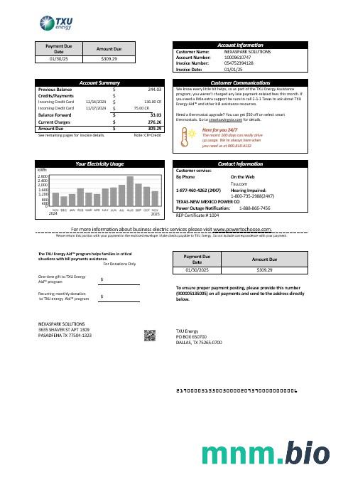 USA Texas TXU Energy rachunek za usługi komunalne szablon w formacie Word i PDF